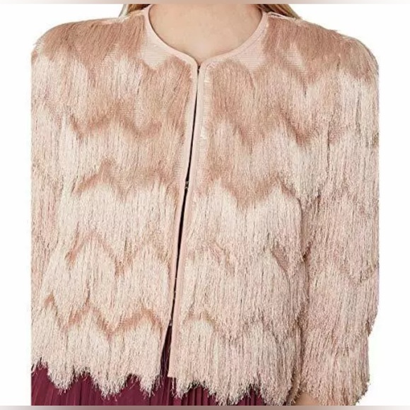 BCBG MAXAZRIA Women's Pink Jaxon Crochet Fringe Cropped Jacket Blazer Shaggy XS - Picture 3 of 15